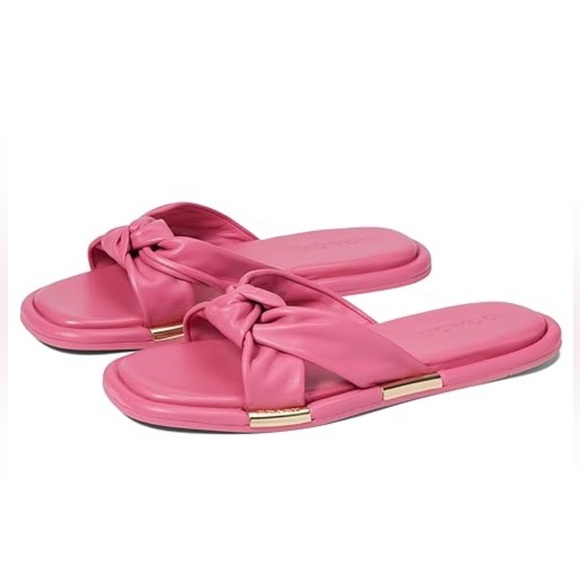 COACH Brooklyn Bright Barbie Pink and Gold Leather Sandals Slides NEW - Picture 1 of 9
